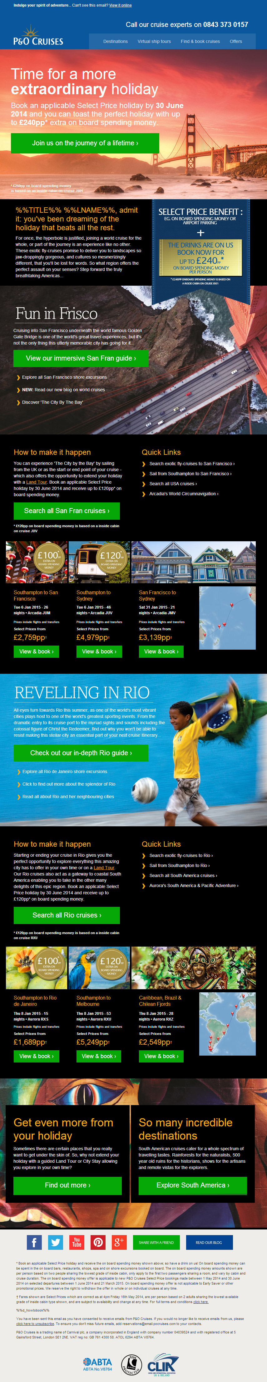 P&O Cruises round the world cruise email